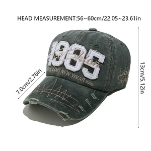 Detailed size specifications for 1985 embroidery washed cotton baseball cap with measurements