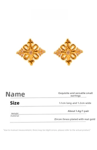 Detailed size chart showing snowflake-shaped zircon stud earrings in gold plated brass