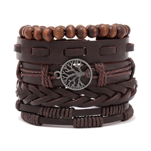 Vintage multi-layer leather bracelet set with tree of life pendant and wooden beads