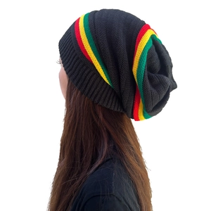 Unisex black slouchy beanie with Rasta style red yellow and green stripes