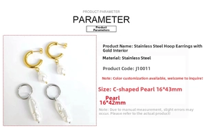 Detail view of 18K gold and silver stainless steel C-shaped earrings with Baroque pearls