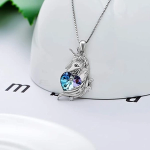 Silver unicorn heart necklace with gradient blue crystal and white rhinestones