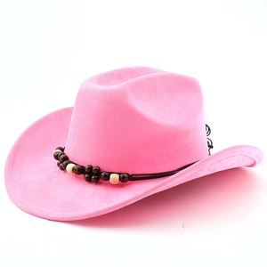 Detailed view of pink suede western cowboy hat with ethnic style wooden beaded band
