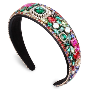 Luxurious baroque headband with colorful crystals and white pearls on gold metal frame