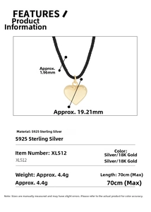 Detailed specs of S925 sterling silver heart necklace with adjustable black wax rope