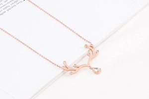 Détail du collier bois de cerf or rose avec zircon étincelant posé sur un livre