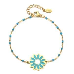 Detail of gold stainless steel bracelet with blue daisy pendant and lobster clasp