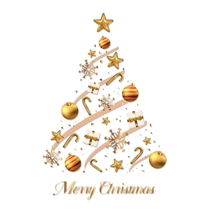 Stickers muraux sapin de Noël doré avec ornements festifs et texte Merry Christmas