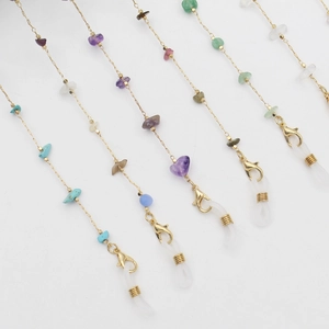 Colorful gemstone eyewear chain with gold links and natural stone beads for women