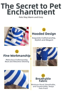 Detail of hooded dog sweater showing striped knit cotton fabric and white pom-pom decoration