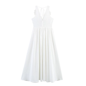 White crochet v-neck vacation dress with backless tie design and tiered maxi hemline