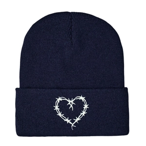 Acrylic Knitted Beanie Hat Heart Barbed Wire Embroidery Streetwear Winter Warm Cuffed Skull Cap Trendy Casual