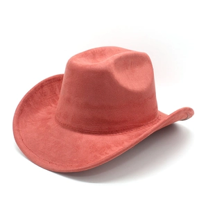 Detailed shot of pink faux suede western cowboy hat featuring reinforced stitched brim