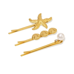 Détails des épingles à cheveux plaquées or 18k avec étoile de mer, coquillage et perle