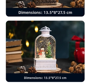 Detailed view of vintage white Christmas lantern with snowman and glitter inside, 27.5cm tall