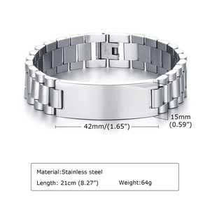 Polished silver stainless steel ID bracelet with watch band style and 42mm engraving plate