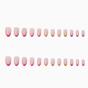 Pink and orange gradient press-on nails with white flower patterns and French tips