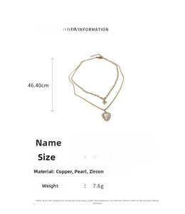 Detailed specs of double-layer necklace with heart zircon pendant and pearls