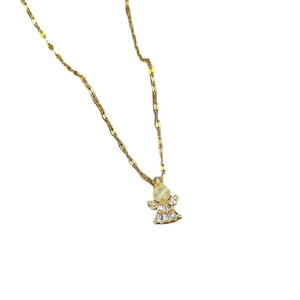 Titanium steel angel necklace with gold plating, cat eye stone, and zircon accents