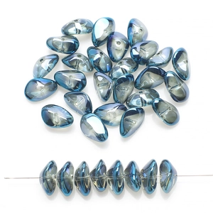 Detailed view of dark blue iridescent teardrop glass beads for DIY jewelry making
