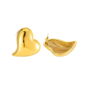 Gold heart-shaped hammered stainless steel stud earrings with a polished mirror finish
