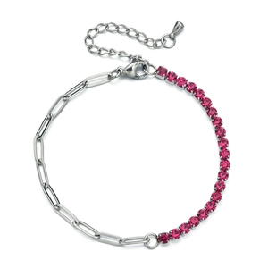 Detailed view of 3mm silver paperclip and pink crystal tennis chain bracelet