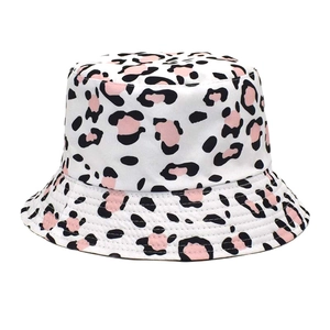 Detail of pink and black leopard print bucket hat with durable cotton fabric texture