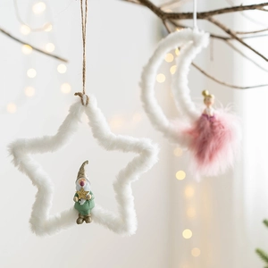 Creative Plush Christmas Hanging Ornaments Star Moon Heart Frame With Resin Gnome Fairy Angel Feather Skirt For Tree Decor