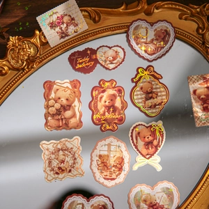 Vintage Teddy Bear stickers pack with gold foil accents for scrapbooking and decoration