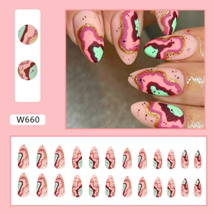 Faux ongles amande mats rose et bordeaux avec paillettes dorées, lot de 24 pièces