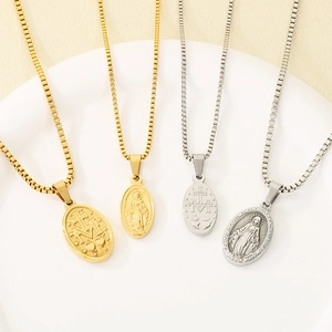 18K gold plated oval Miraculous Medal pendant necklace with polished box chain