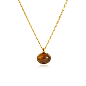 18K gold minimalist necklace featuring an oval tiger eye gemstone pendant on white background