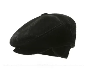 Detail view of the black faux fur earflap hat showing thick warm texture for winter