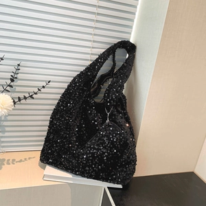Chic black sequin tote bag with large capacity and a matching round mini coin purse