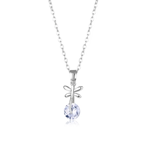 Silver dragonfly necklace with round zircon pendant and polished chain on white surface