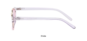 Dettaglio montatura cat-eye rosa trasparente con numero modello e misure sull'asta