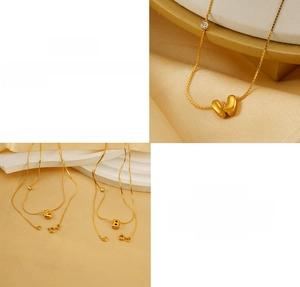 Detail view of puffy gold alphabet letter pendants with cubic zirconia on steel chains