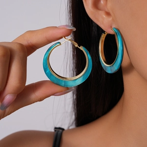 Geometric Hoop Earrings With Acrylic Marble Texture Gold Metal And 925 Sterling Silver Earring Post Retro For Women
