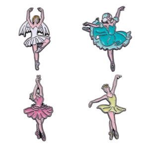 Set de cuatro elegantes broches de esmalte de bailarinas de ballet en fondo blanco
