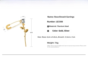 Detail showing dimensions of gold rose safety pin earring made of titanium steel