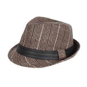 Vintage British style striped tweed jazz fedora hat with black decorative leather band