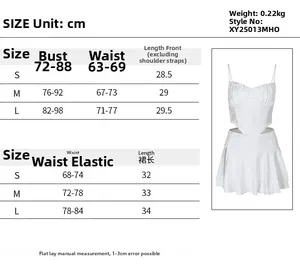 Detailed size chart for lace corset top and split mini skirt showing CM measurements
