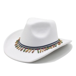 White felt western cowboy hat with ethnic blue geometric band and colorful beads