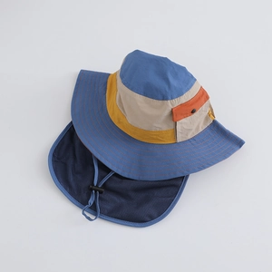 Detail of outdoor sun hat featuring color blocking and breathable mesh neck flap protector