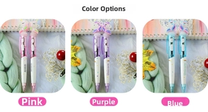 Detailed close-up of pink purple and blue unicorn pens with cute character toppers