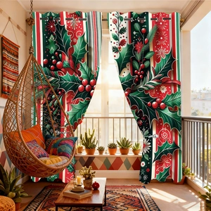 Detail of Christmas curtains with holly berry prints and metal grommets for hanging