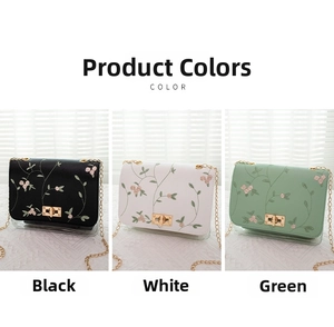 Detailed close-up of floral embroidery on chains bags in black, white, and green