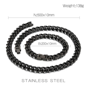 Polished black stainless steel Cuban chain set with detailed measurements and weight