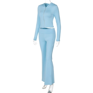 Detailed view of light blue zip-up hoodie and high waist flare pants two-piece set