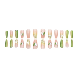 Press-on nail set featuring green and nude gradient with floral patterns and 24 pieces